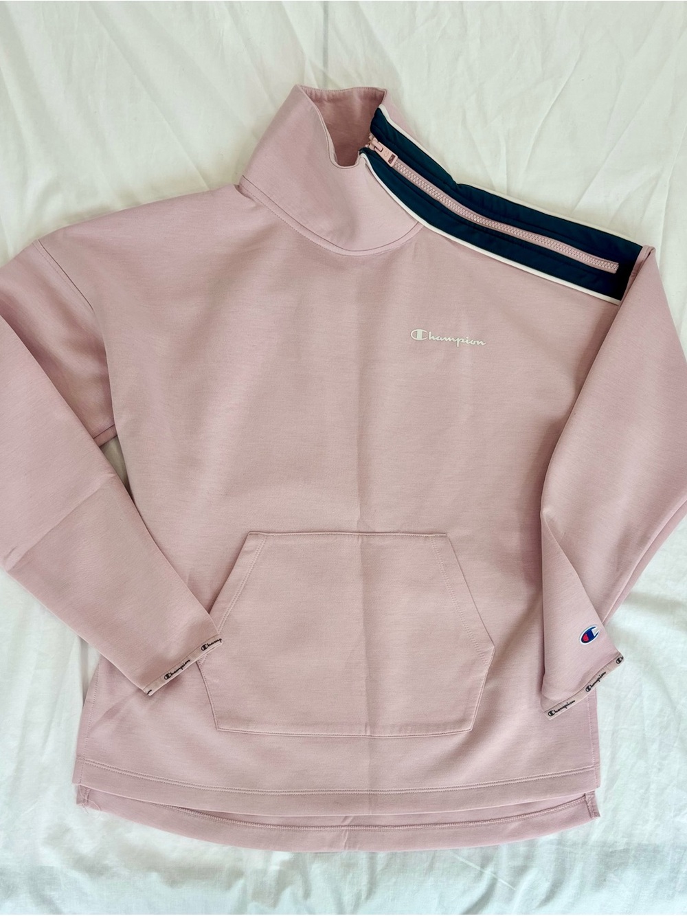 Champion Pink Half-Zip Cowl Neck Mock Neck Pullover with Navy Trim